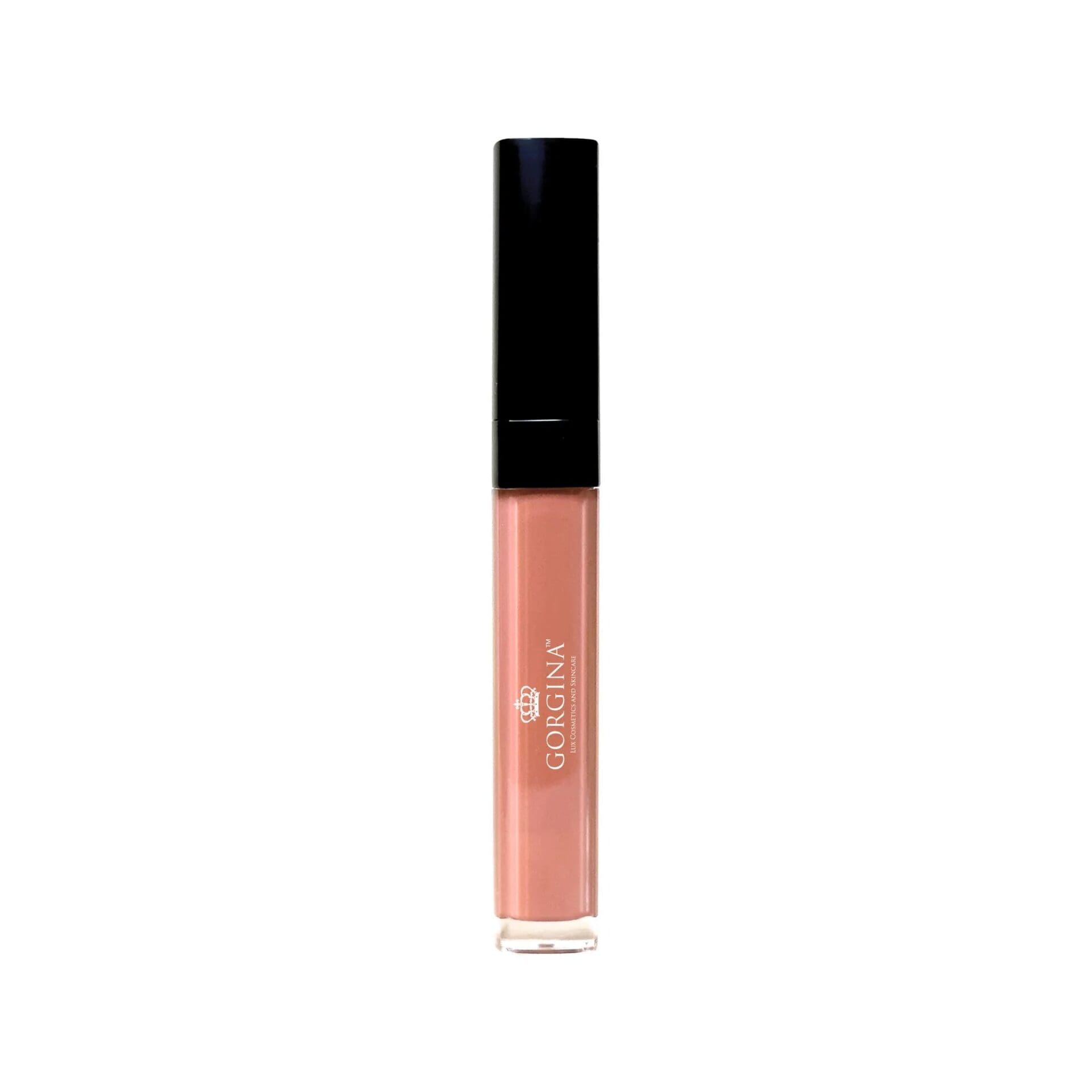 A tube of Gorgina liquid lipstick with a black cap and nude pink color in a clear container.