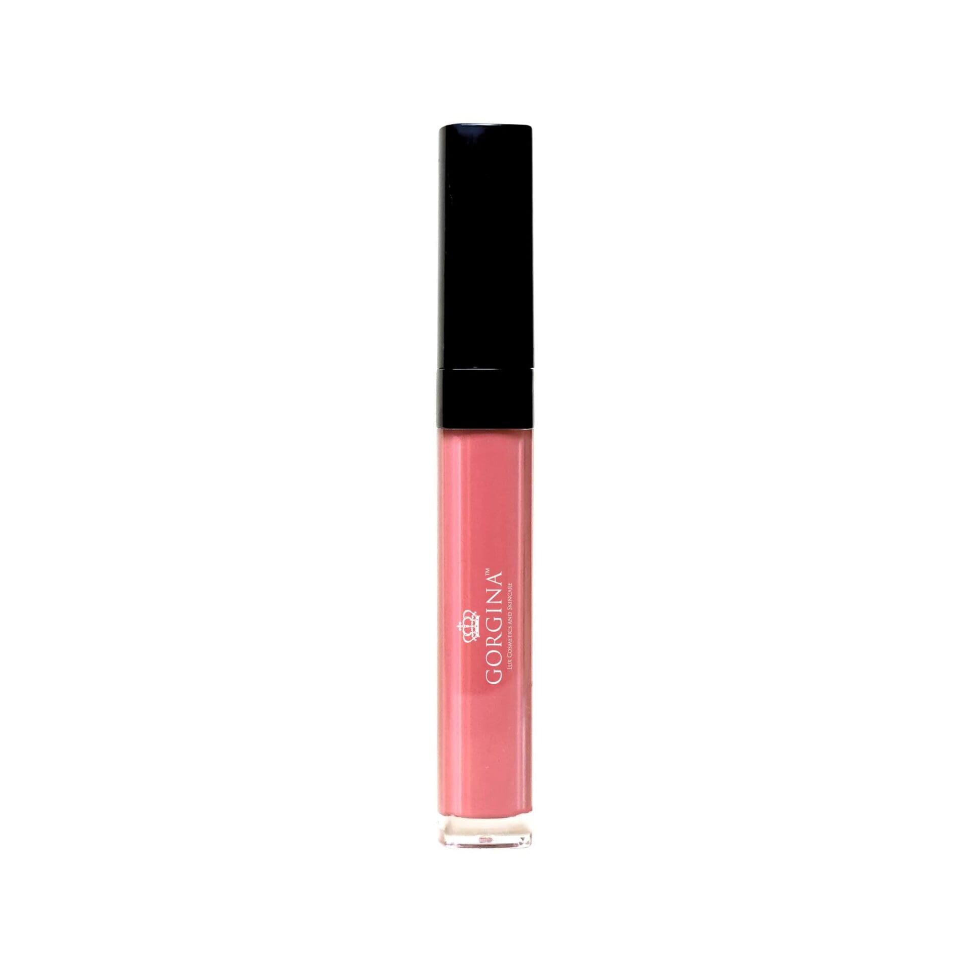 A tube of pink liquid lipstick with a black cap and "GORGINA" branding on the clear container.