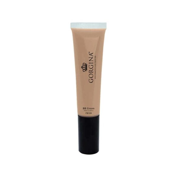 A tube of Gorgina BB Cream with a beige label, black cap, and product details printed on the front.