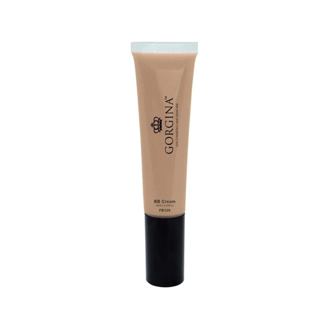 A tube of Gorgina BB Cream with a beige label, black cap, and product details printed on the front.