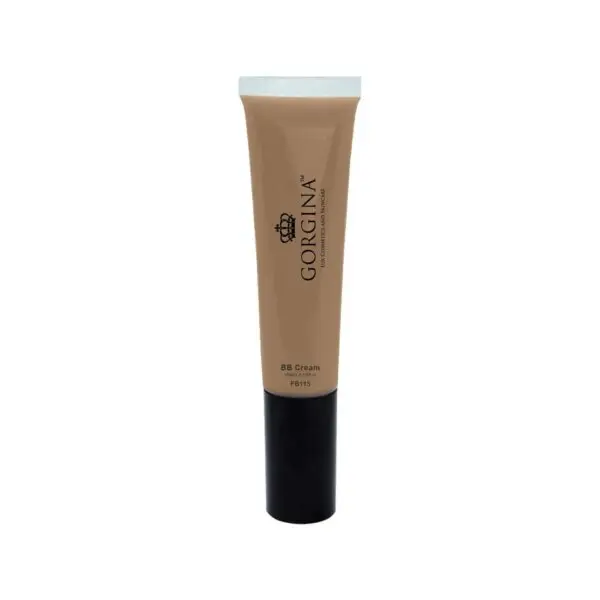 A tube of Gorgina BB Cream with a beige body, black cap, and clear top. The product name and logo are printed on the front.