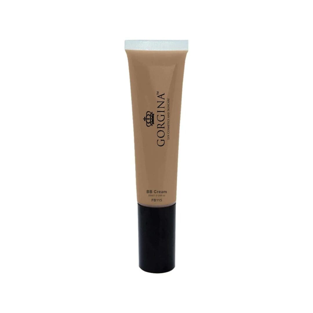A tube of Gorgina BB Cream with a beige body, black cap, and clear top. The product name and logo are printed on the front.