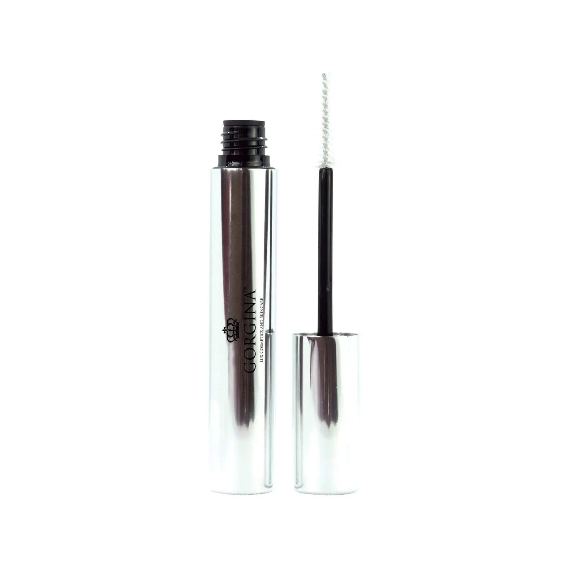 A silver tube of mascara with the cap removed, revealing a white mascara brush applicator, is displayed against a white background.