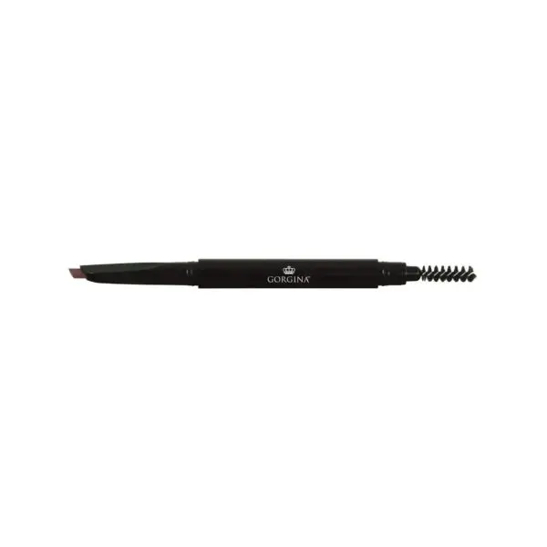 Dual-ended eyebrow pencil with an angled tip on one side and a spoolie brush on the other, labeled "Gorgina," isolated on a white background.