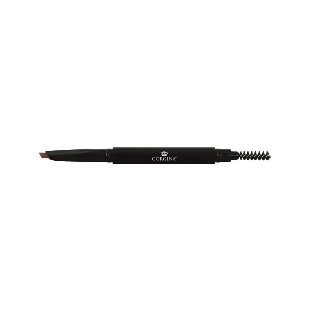 Dual-ended eyebrow pencil with an angled tip on one side and a spoolie brush on the other, labeled "Gorgina," isolated on a white background.