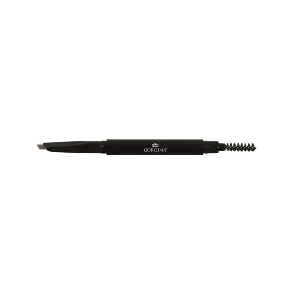 A black dual-ended eyebrow pencil with an angled tip on one side and a spoolie brush on the other, labeled "Gorgina.