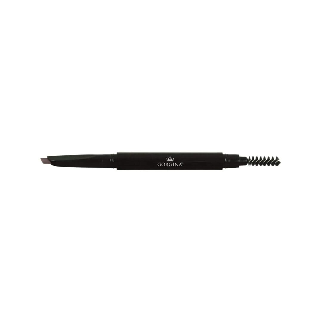 A black dual-ended eyebrow pencil with an angled tip on one side and a spoolie brush on the other, labeled "Gorgina.