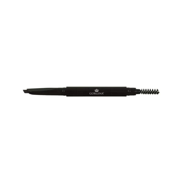 A black dual-ended eyebrow pencil with a slanted tip on one end and a spoolie brush on the other, labeled "Gorgina.