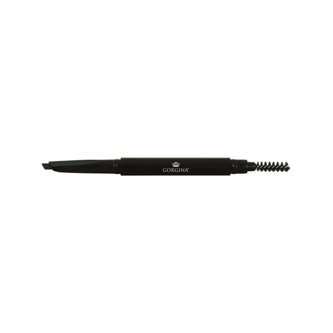 A black dual-ended eyebrow pencil with a slanted tip on one end and a spoolie brush on the other, labeled "Gorgina.