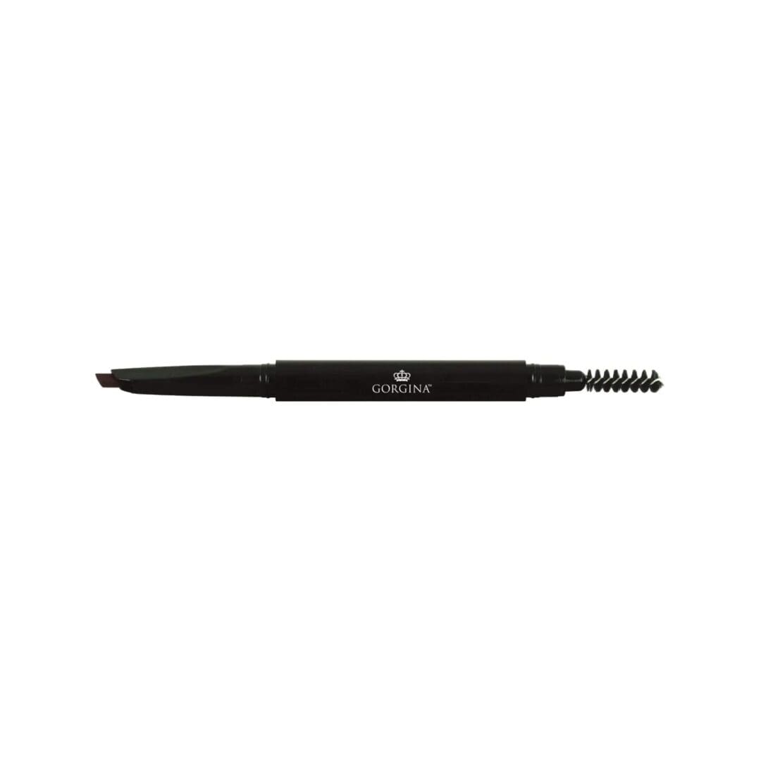 Dual-ended black eyebrow pencil with a slanted tip on one side and a spoolie brush on the other, labeled "Gorgina.