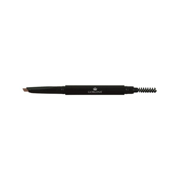 Dual-ended black eyebrow pencil with an angled tip on one side and a spoolie brush on the other, labeled "Gorgina.
