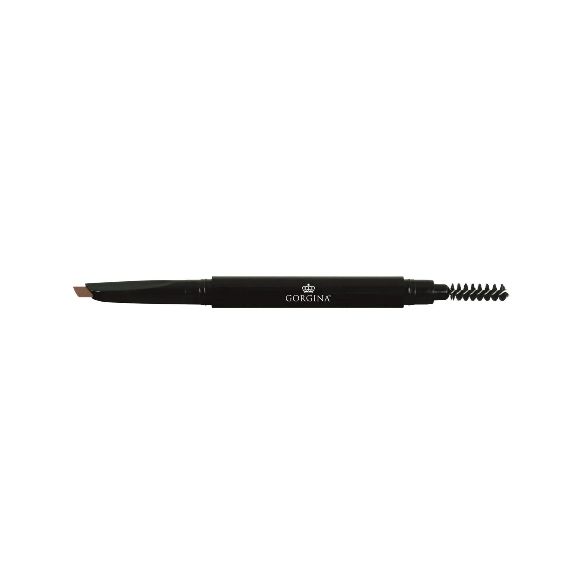 Dual-ended black eyebrow pencil with an angled tip on one side and a spoolie brush on the other, labeled "Gorgina.