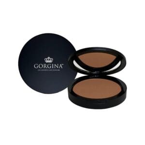 A round black compact labeled "Gorgina" containing pressed brown powder, shown open with the lid and powder visible.