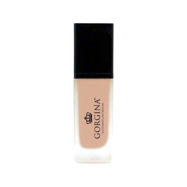 A rectangular frosted glass bottle with a black cap containing Gorgina liquid foundation, labeled with the brand name and logo on the front.