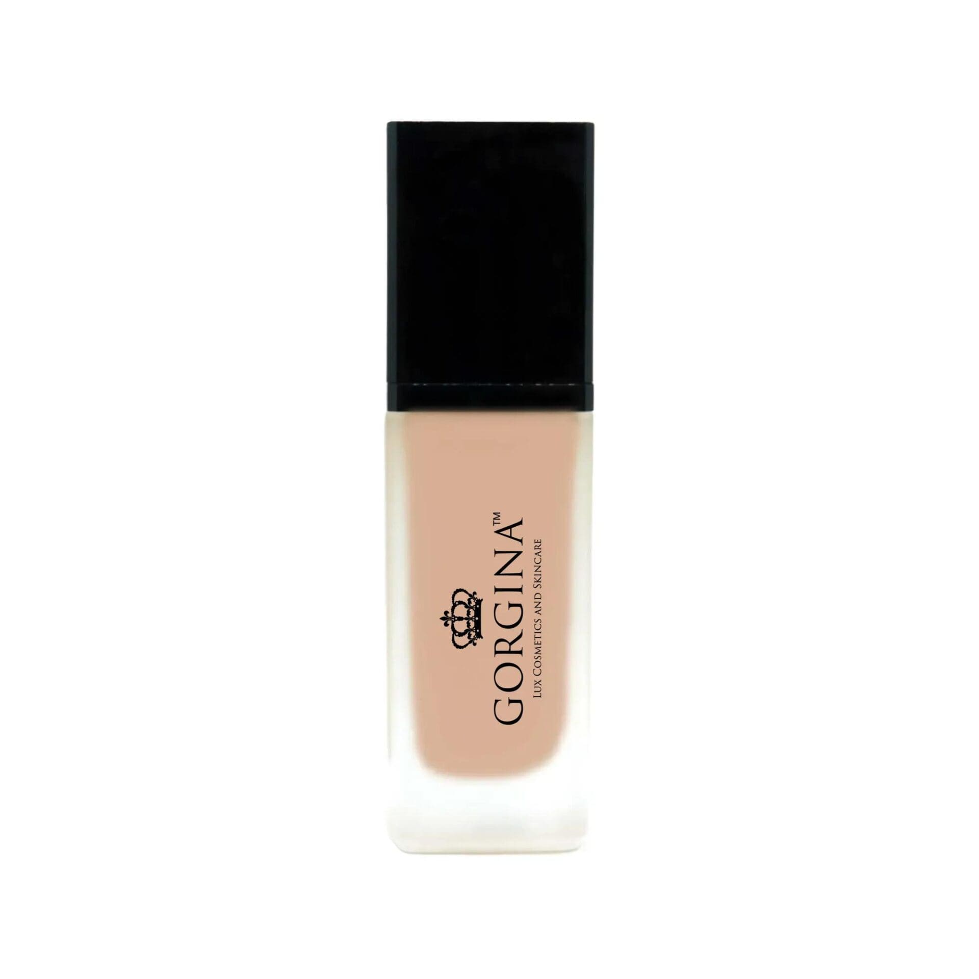 A rectangular frosted glass bottle with a black cap containing Gorgina liquid foundation, labeled with the brand name and logo on the front.
