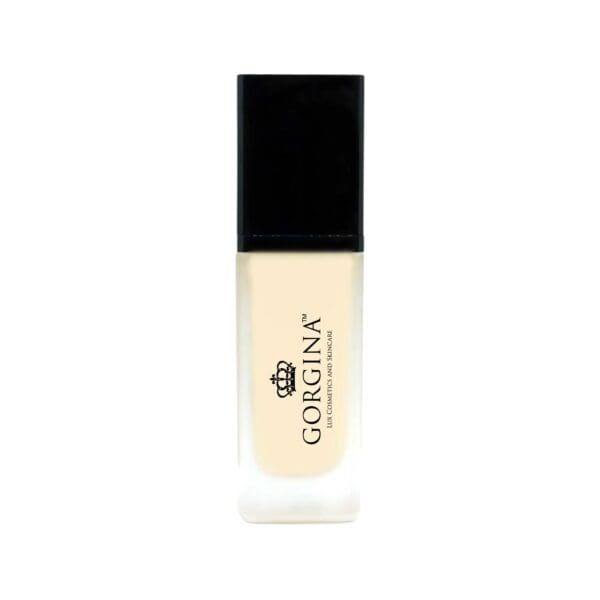 A rectangular bottle of Gorgina liquid foundation with a black cap and frosted glass body, featuring the brand name and logo on the front.