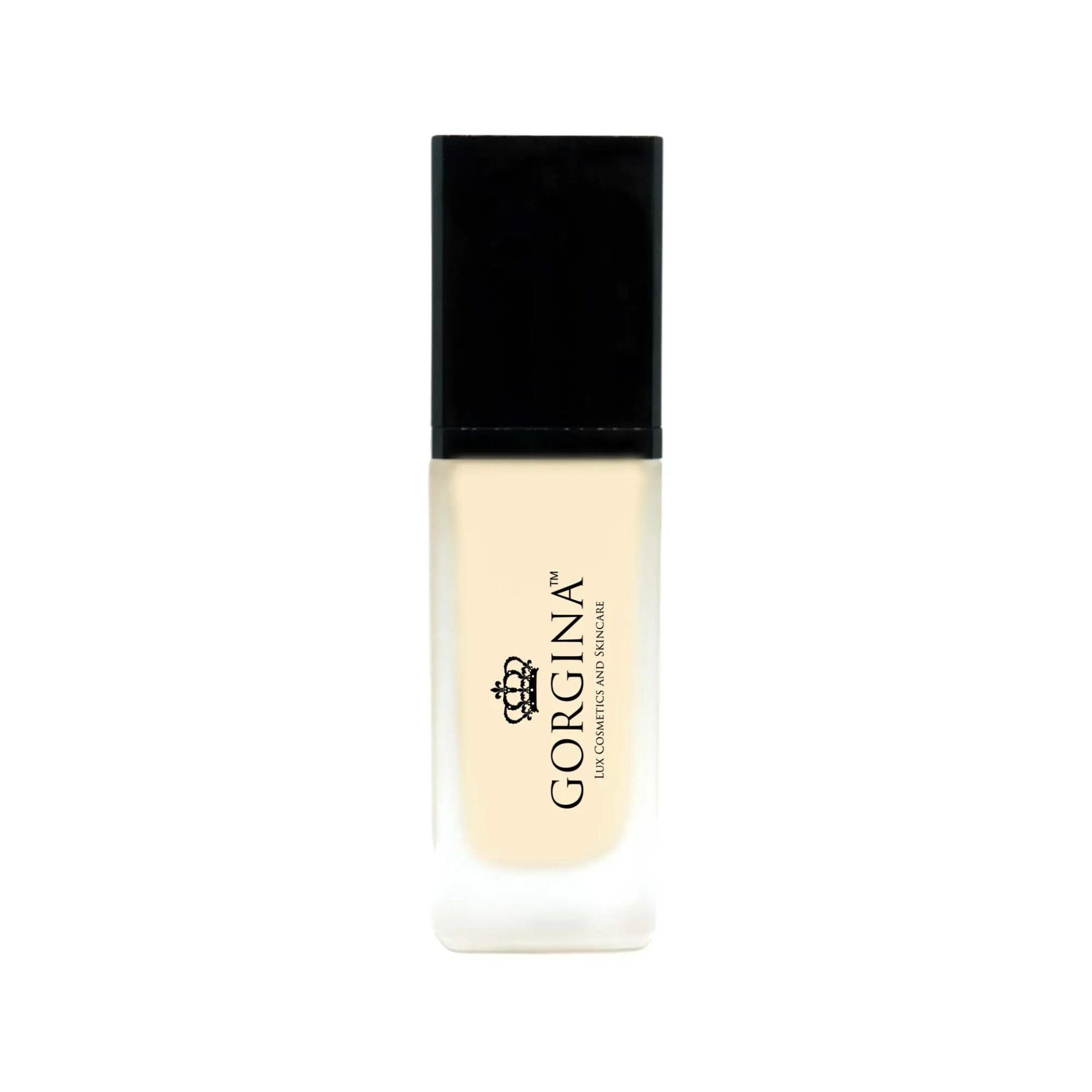 A rectangular bottle of Gorgina liquid foundation with a black cap and frosted glass body, featuring the brand name and logo on the front.