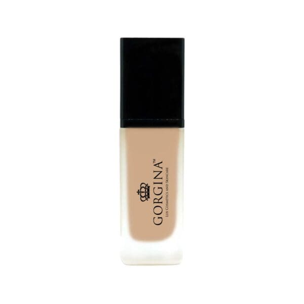 A rectangular bottle of Gorgina liquid foundation with a black cap and frosted glass base, displaying the brand logo and text on the front.