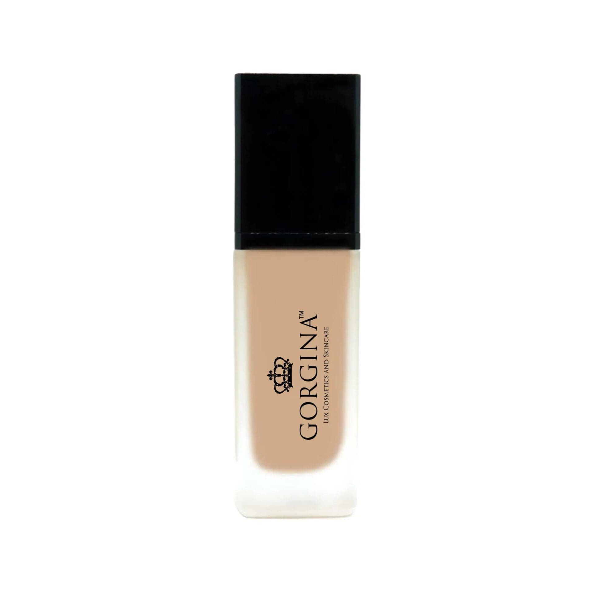 A rectangular bottle of Gorgina liquid foundation with a black cap and frosted glass base, displaying the brand logo and text on the front.