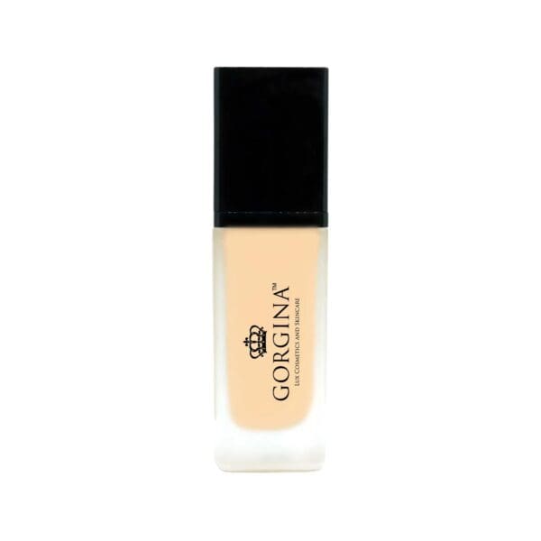 A frosted glass bottle of Gorgina liquid foundation with a black cap and the brand name printed vertically on the front.