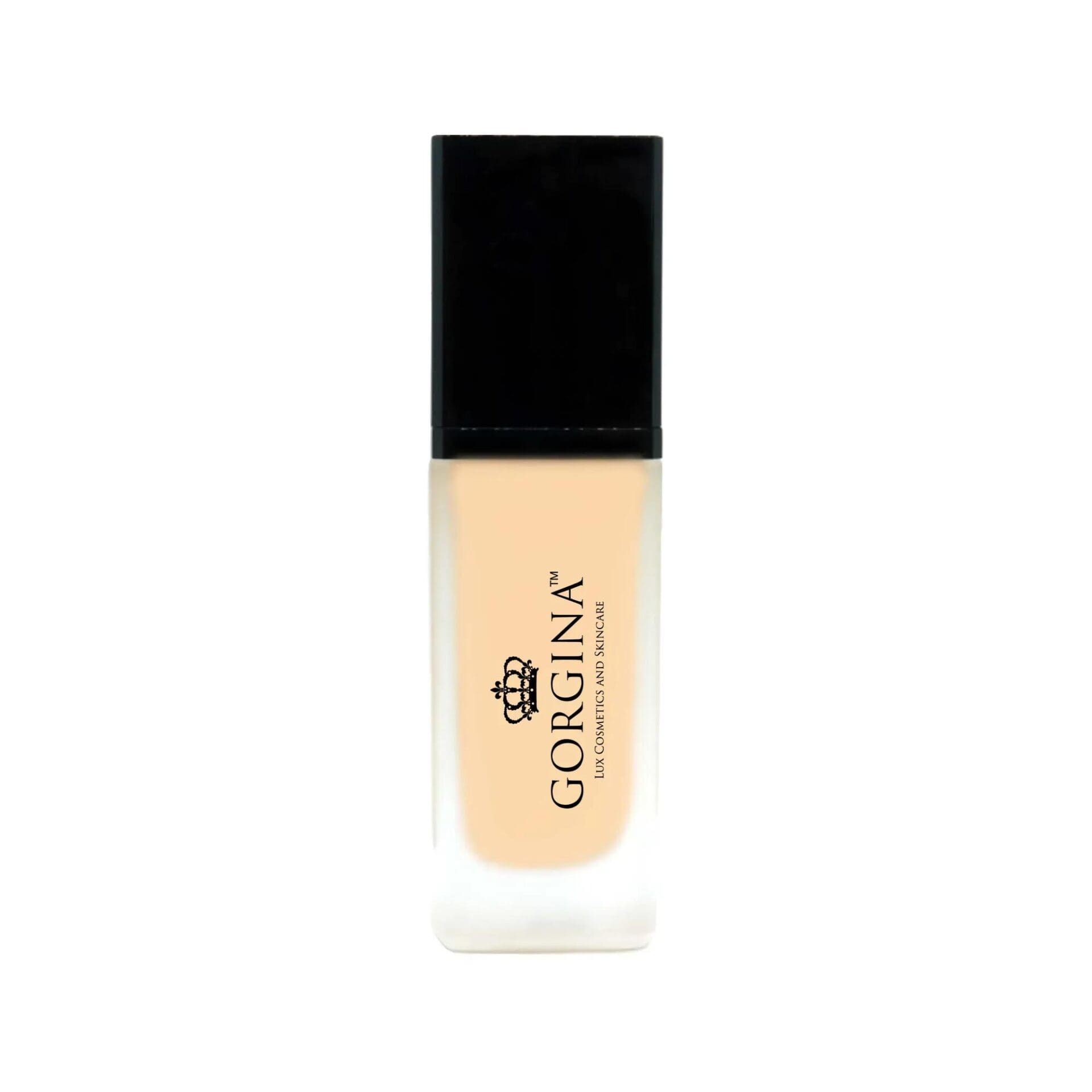 A frosted glass bottle of Gorgina liquid foundation with a black cap and the brand name printed vertically on the front.