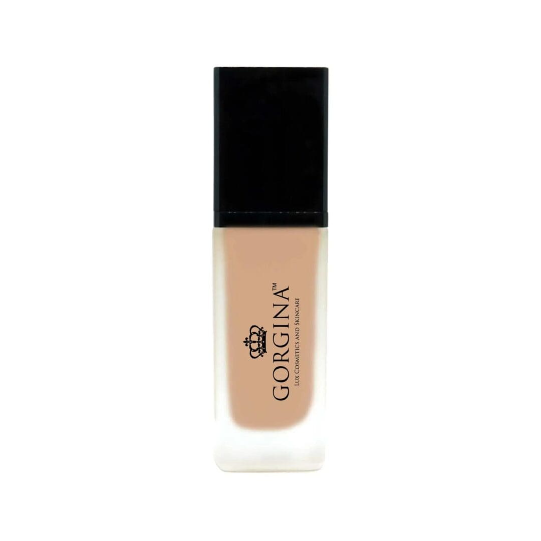 A bottle of Gorgina liquid foundation with a black cap and frosted glass container, displayed against a white background.