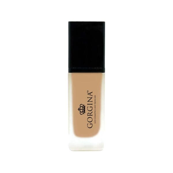 A bottle of Gorgina liquid foundation with a black cap and frosted glass container, displayed against a plain white background.