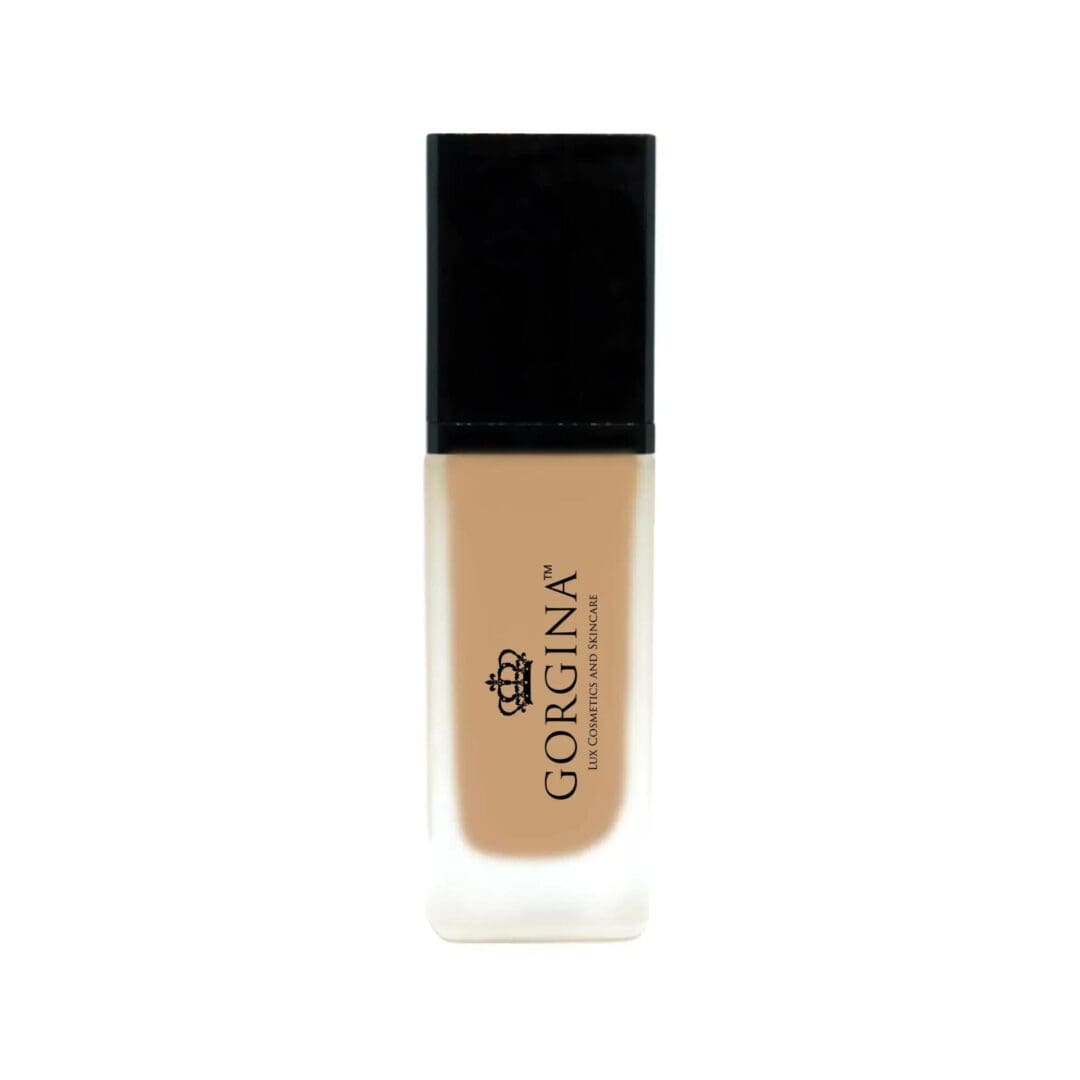 A bottle of Gorgina liquid foundation with a black cap and frosted glass container, displayed against a plain white background.