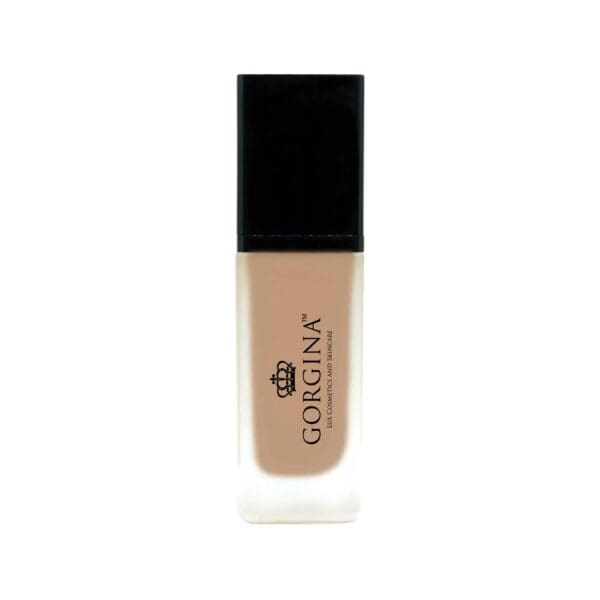 A rectangular bottle of Gorgina liquid foundation with a black cap and frosted base, labeled with the brand name and logo.