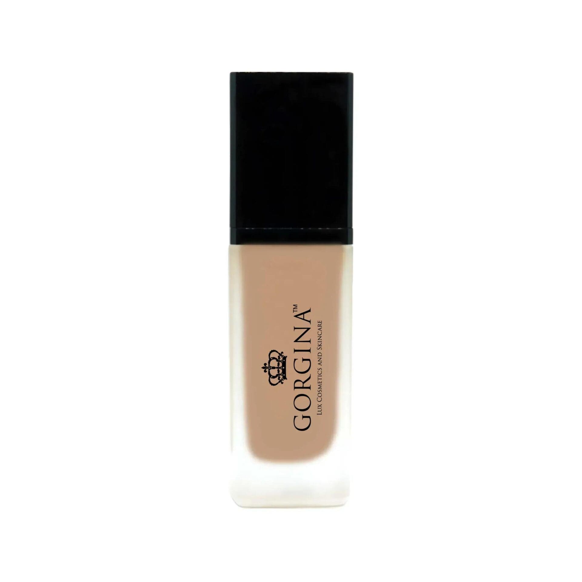 A rectangular bottle of Gorgina liquid foundation with a black cap and frosted base, labeled with the brand name and logo.