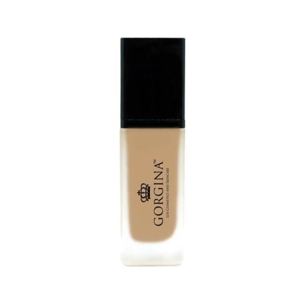 A bottle of Gorgina liquid foundation with a black cap and frosted glass body, shown against a white background.