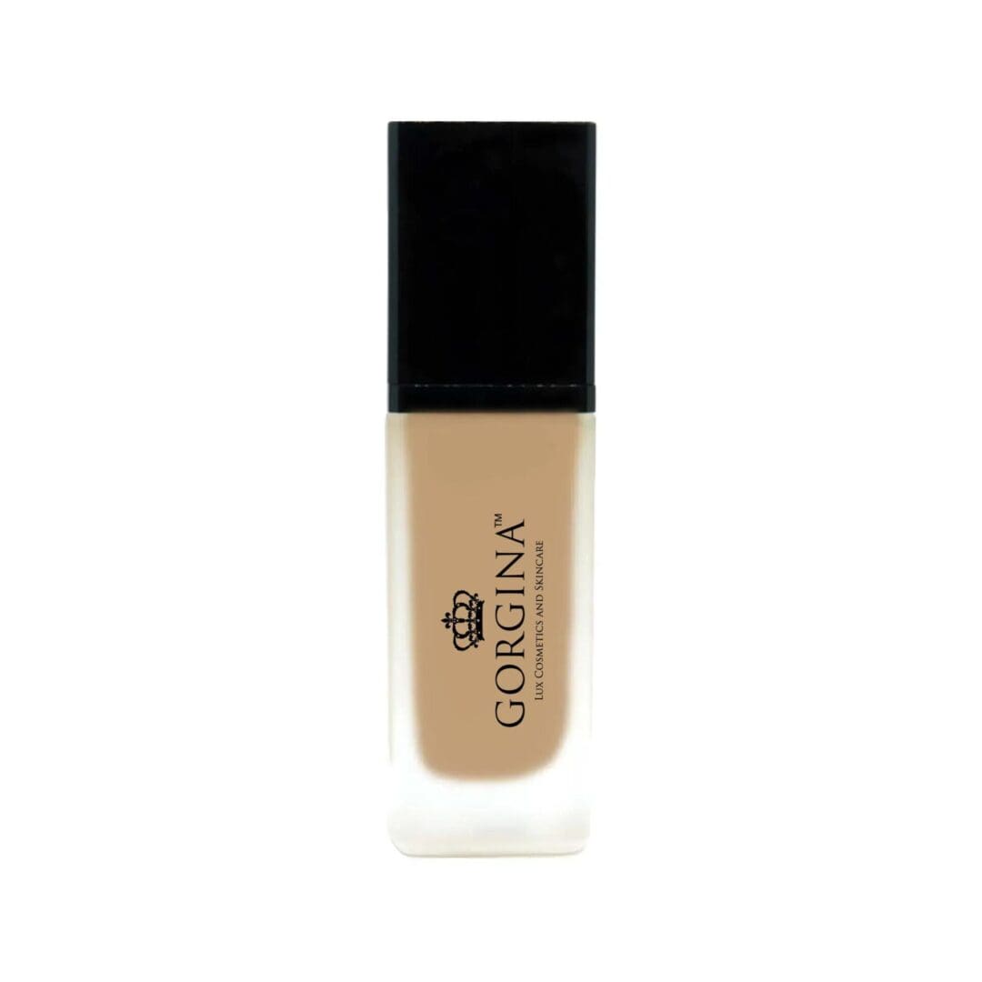 A bottle of Gorgina liquid foundation with a black cap and frosted glass body, shown against a white background.