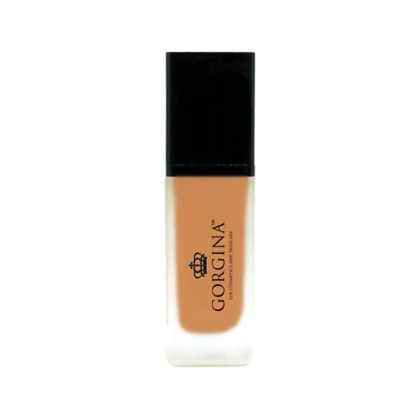 A rectangular bottle of Gorgina liquid foundation with a black cap and beige makeup visible inside. The label features the brand name and logo.