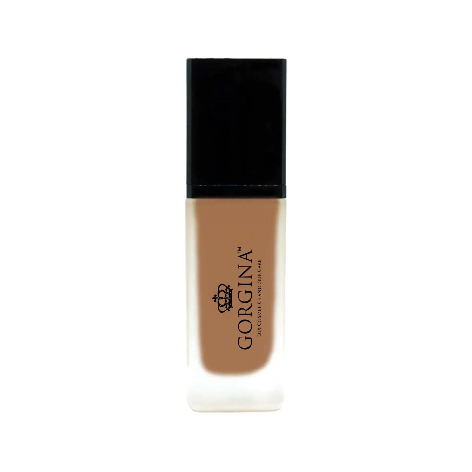 A rectangular bottle of Gorgina liquid foundation with a black cap and frosted glass showing medium brown product inside.