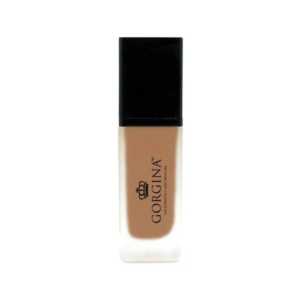 A rectangular bottle of Gorgina liquid foundation with a black cap and beige product visible inside.