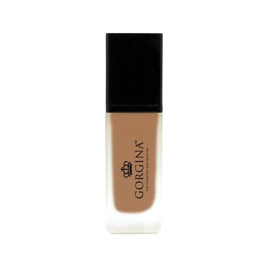 A rectangular bottle of Gorgina liquid foundation with a black cap and beige product visible inside.