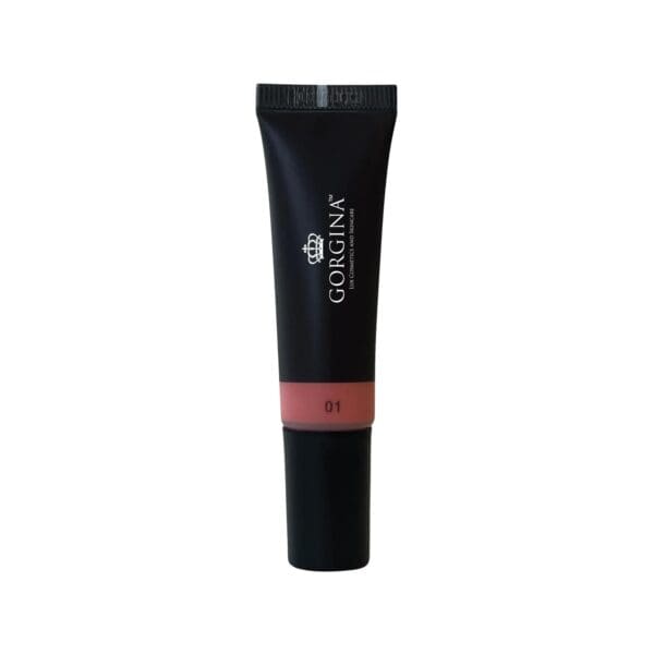 A black tube of Gorgina liquid blush labeled "01" with a clear section showing the blush's pink color.