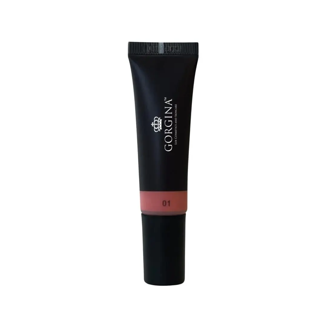 A black tube of Gorgina liquid blush labeled "01" with a clear section showing the blush's pink color.
