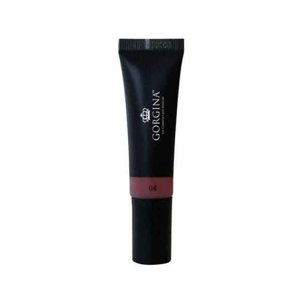 A tube of Gorgina lipstick in shade 04, with a black cap and dusky pink color band near the bottom, displayed on a white background.