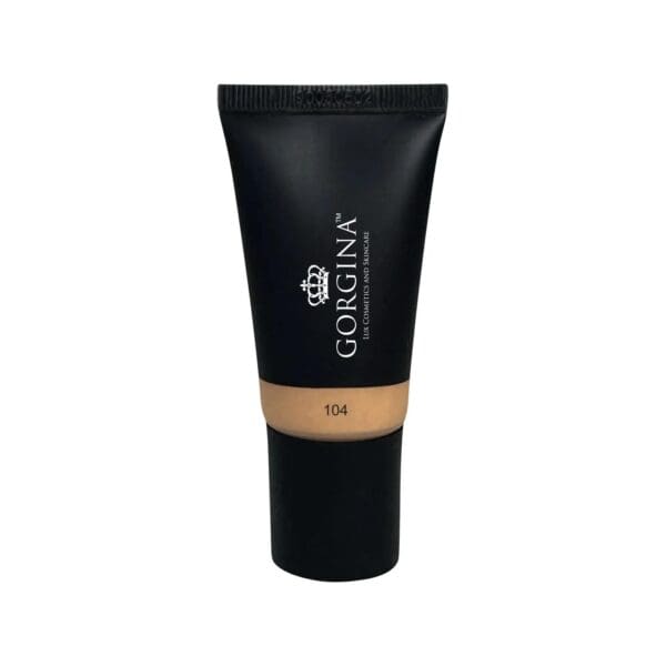 A black tube labeled "Gorgina" with shade number 104, containing liquid foundation or concealer, isolated on a white background.