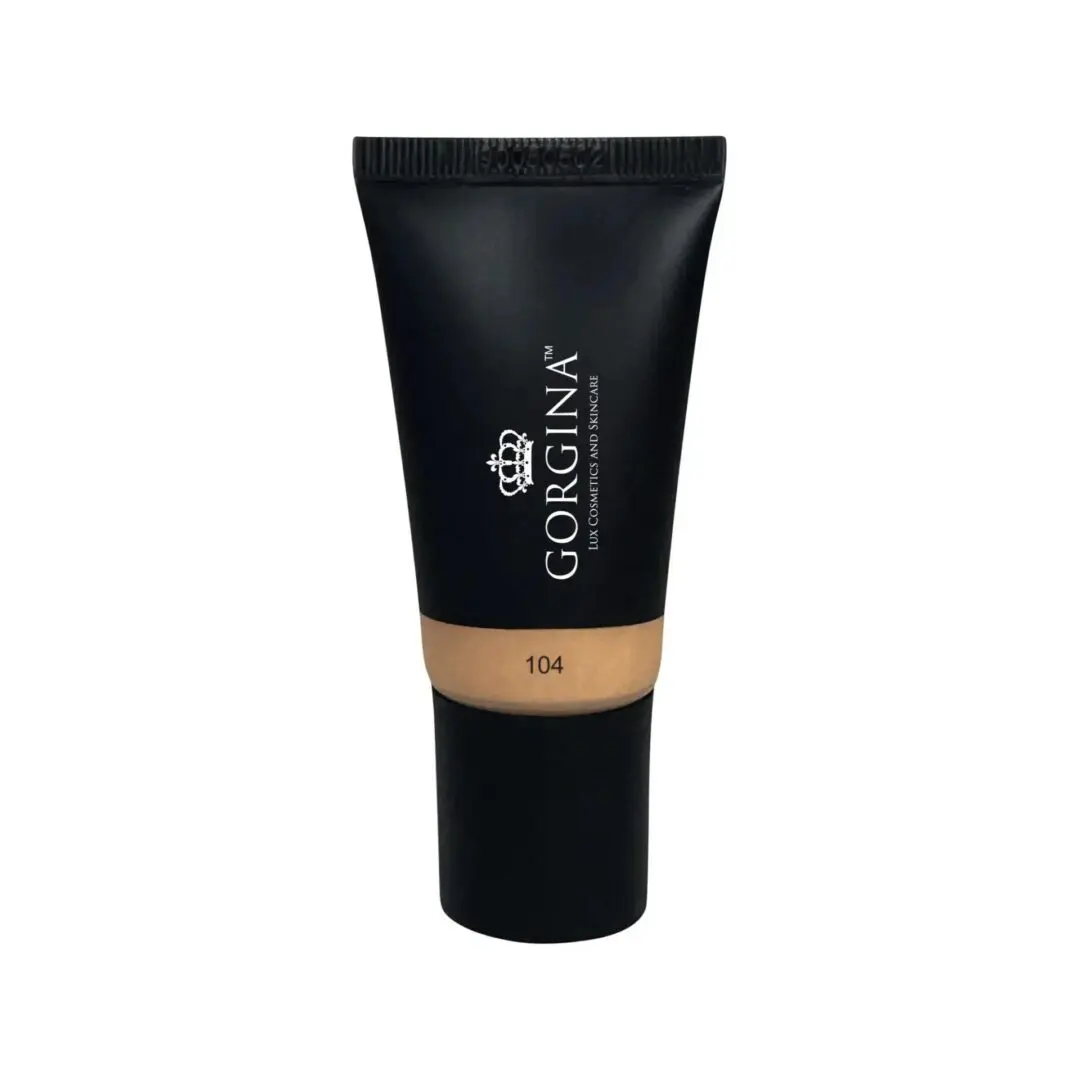 A black tube labeled "Gorgina" with shade number 104, containing liquid foundation or concealer, isolated on a white background.