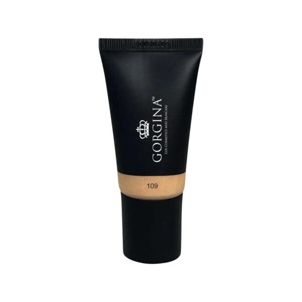 A small black tube labeled "Gorgina" with the number 109, containing a cream or liquid cosmetic product, isolated on a white background.