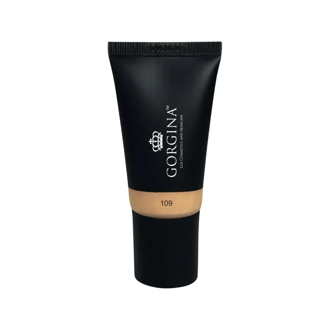 A small black tube labeled "Gorgina" with the number 109, containing a cream or liquid cosmetic product, isolated on a white background.