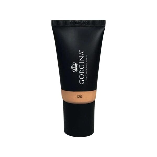 Black squeeze tube labeled "Gorgina 120" containing liquid foundation, shown upright on a plain white background.