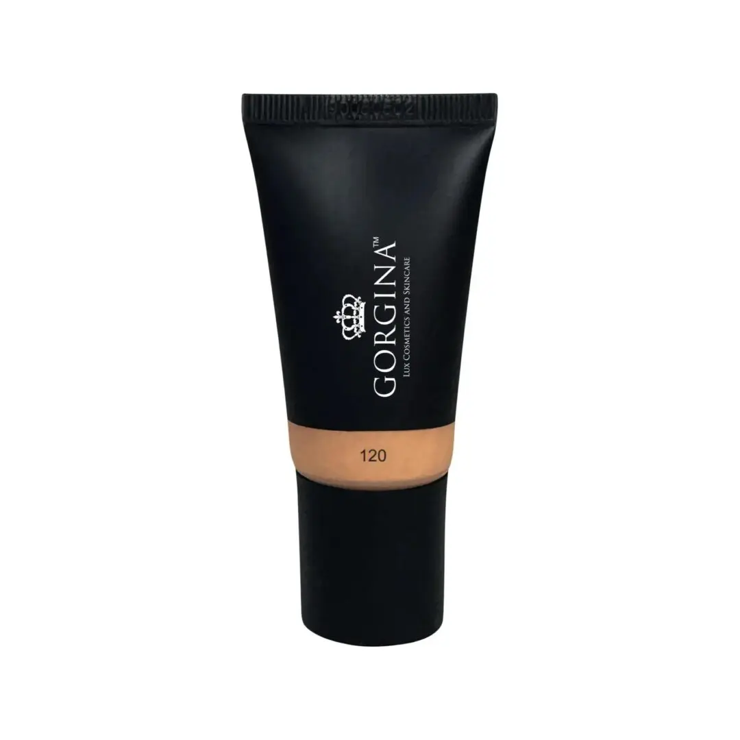 Black squeeze tube labeled "Gorgina 120" containing liquid foundation, shown upright on a plain white background.