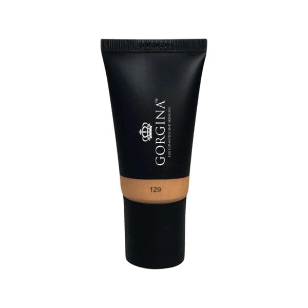 A black tube of Gorgina liquid foundation in shade 129, shown upright against a white background.