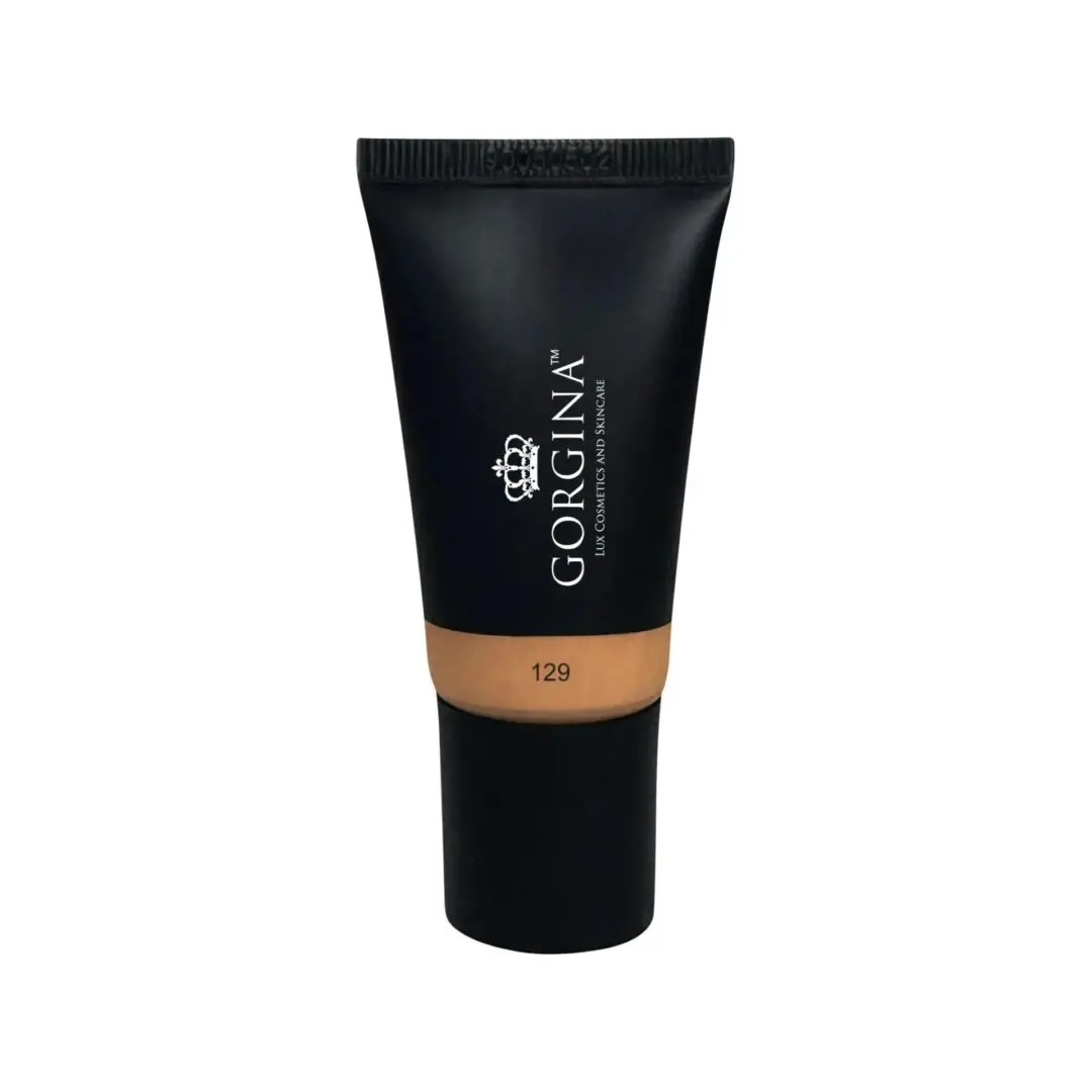 A black tube of Gorgina liquid foundation in shade 129, shown upright against a white background.