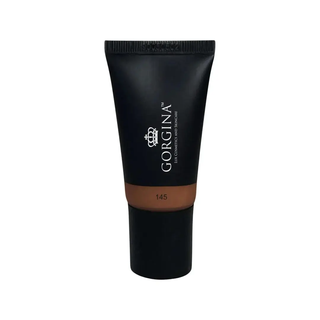 A black tube labeled "Gorgina Lip Conditioner & Gloss" with a shade number 145 and a transparent section showing the brown product inside.