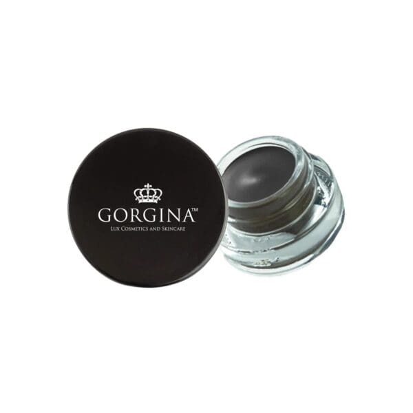 A small glass jar of Gorgina Lux Cosmetics and Skincare product with a black lid, partially opened to reveal a dark cream or gel inside.