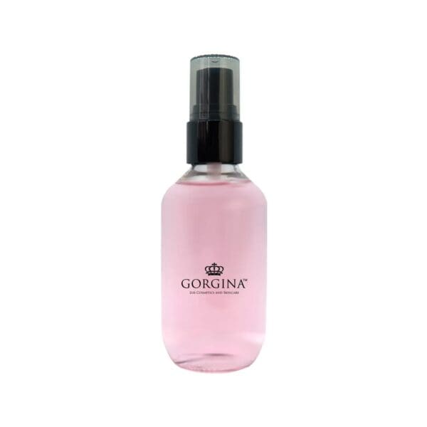 Clear spray bottle with pink liquid labeled "Gorgina" and a black pump dispenser, shown against a plain white background.